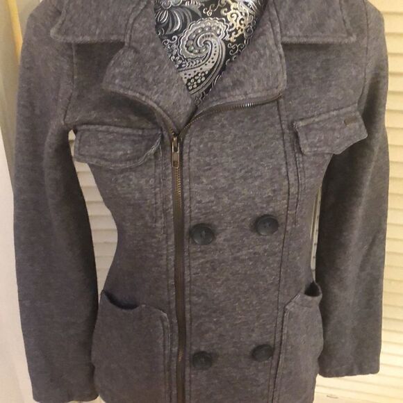 Billabong Gray Zip Up Cotton Moto  Jacket Peacoat Button Detail Fleece inside. - Picture 6 of 17